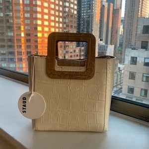 NWT&dust bag. Staud mini Shirley leather bag with cream and camel croc.
